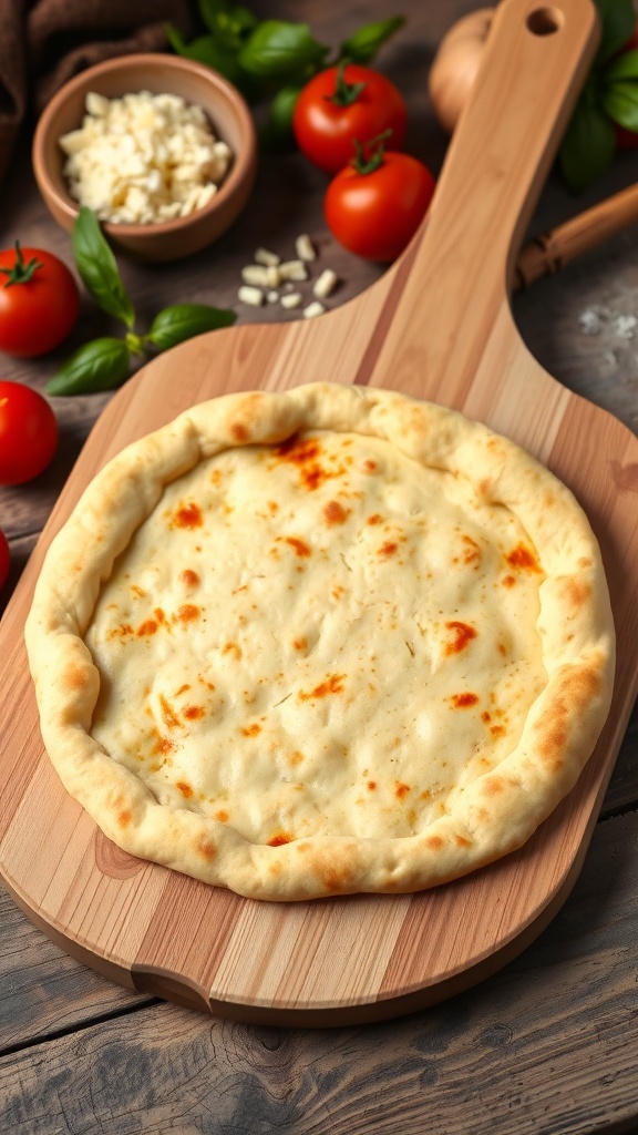Golden-brown homemade pizza crust on a wooden peel, surrounded by fresh ingredients.